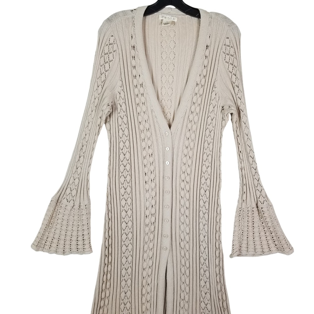 FESTI Torrid Women Beige Longline Duster Cardigan Bell Sleeve Size 1X Boho